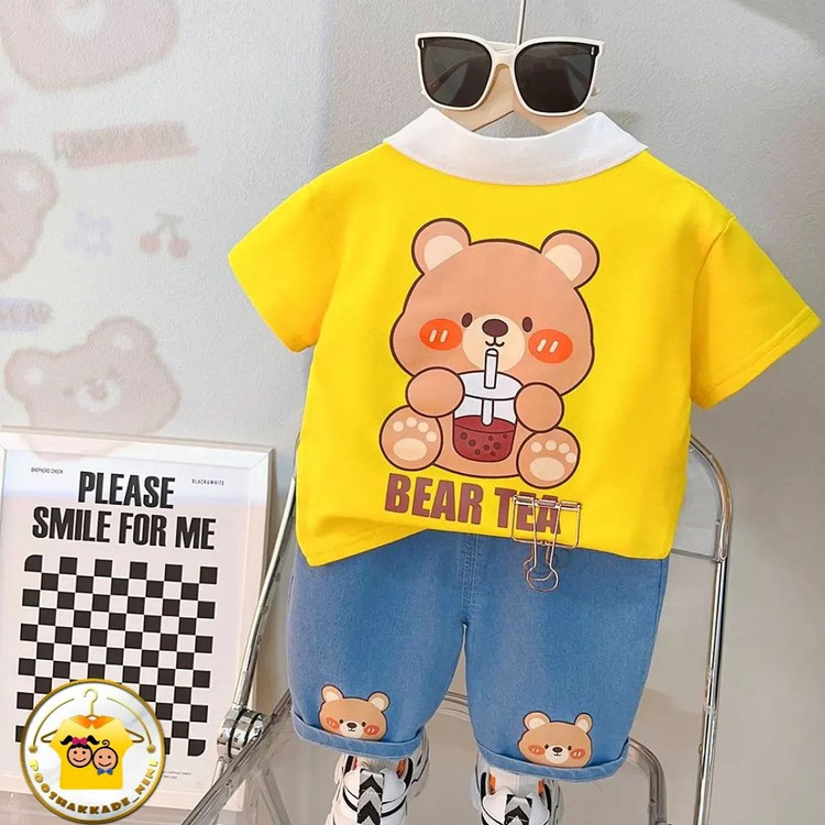 ست تیشرت یقه دار و شلوارک جین بچگانه مدل خرسی