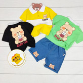 ست تیشرت یقه دار و شلوارک جین بچگانه مدل خرسی